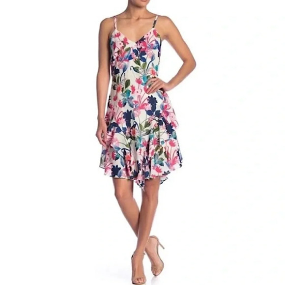 Parker Floral Fiesta Ruffled Formal Mini Dress in White/Pink/Blue Size M - Picture 1 of 15